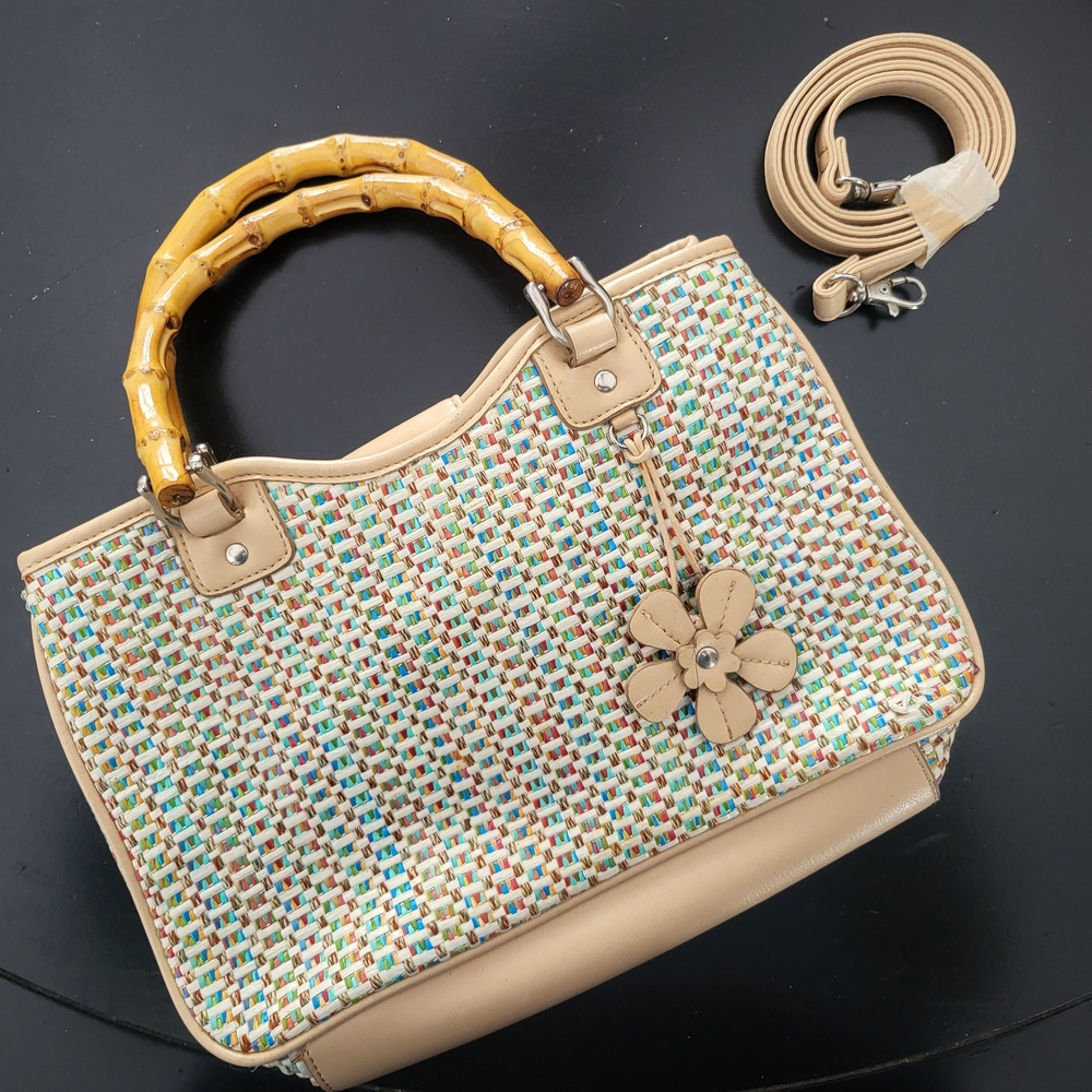 Multicolor Woven Tote Bag with Bamboo Handles